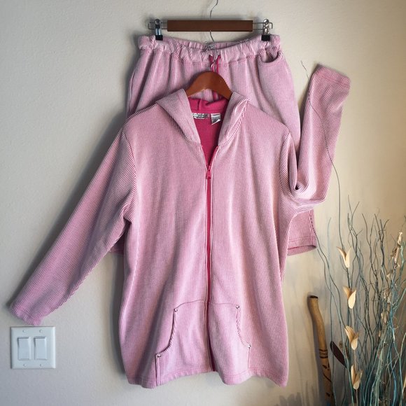 Vintage Pink Ribbed 2-Piece Lounge Set Hoodie & Pants Y2K L American Comfort - Picture 1 of 8